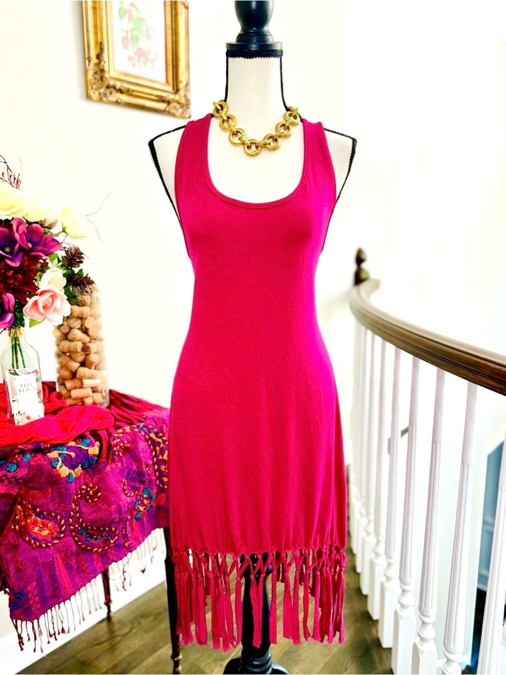 ONE OF A KIND! Striking Sleeveless Magenta Maxi w Beautiful Bottom Fringe!